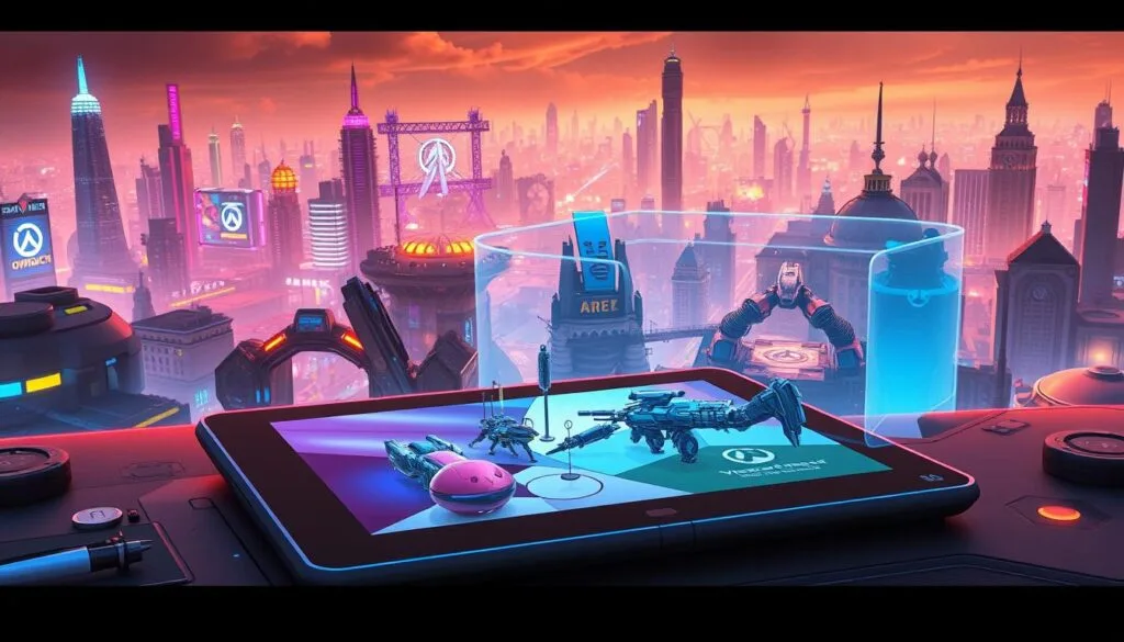 A highly detailed digital illustration of an assortment of cutting-edge AI tools and software for creating Overwatch 2 artwork. In the foreground, a sleek, futuristic-looking tablet or digital drawing device showcases various AI-powered image generation and manipulation capabilities. In the middle ground, a holographic display projects dynamic 3D models of Overwatch characters and environments, demonstrating the advanced 3D modeling and rendering potential of these AI tools. In the background, a panoramic cityscape of Overwatch's iconic locations provides an immersive, cyberpunk-inspired setting, lit by neon hues and futuristic lighting. The overall scene conveys a sense of technological sophistication, creative empowerment, and the seamless integration of AI into the Overwatch 2 artistic workflow.