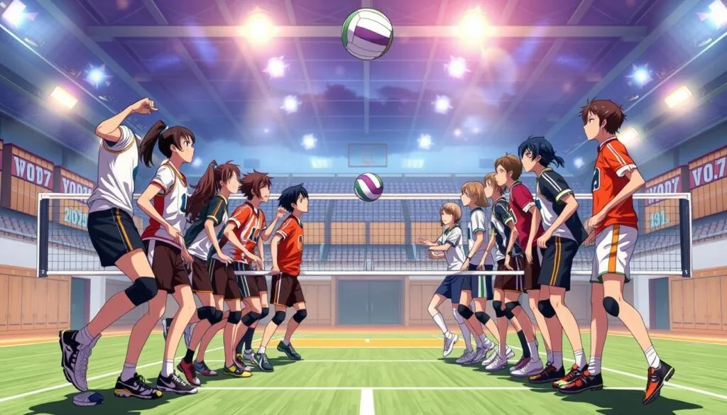 A highly detailed, dynamic illustration of the iconic rival teams from the anime series Haikyu!!. Set against a detailed background showcasing a gymnasium court, the image should depict the two teams facing off, poised for an intense volleyball match. The players should be rendered in a vibrant, dynamic style, their uniforms and expressions conveying a sense of fierce rivalry and competitive spirit. Utilize dramatic lighting and angles to heighten the drama and energy of the scene, with players mid-leap, spiking the ball or diving to make a crucial play. The overall composition should feel cinematic and immersive, drawing the viewer into the heated clash between these renowned volleyball powerhouses.