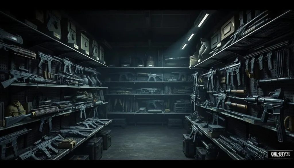 A highly detailed, high-resolution image of the arsenal from the Call of Duty video game franchise, showcasing a wide variety of modern military weapons, equipment, and gear. The scene is set in a dimly lit, industrial-style armory, with the weapons and gear displayed on metallic racks and shelves. The lighting is dramatic, casting sharp shadows and highlights on the various items, creating a sense of depth and texture. The camera angle is slightly elevated, providing a comprehensive view of the arsenal. The mood is serious and tactical, conveying the power and lethality of the equipment on display.