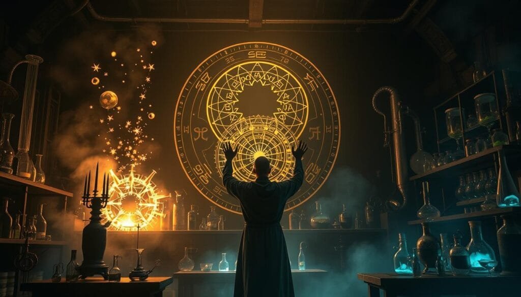 A highly detailed, intricate scene of advanced alchemy in a dimly lit alchemical laboratory. In the foreground, an alchemist stands before a large arcane transmutation circle, their hands raised as they channel alchemical energy. Shimmering alchemical arrays and glowing runes fill the air, casting an ethereal glow across the scene. In the middle ground, towering alchemical apparatus and glassware line the shelves, filled with swirling alchemical compounds. The background is shrouded in shadow, hinting at the deeper mysteries of the alchemical arts. The lighting is dramatic, with pools of soft light and deep shadows, creating an atmosphere of mysticism and wonder. Capture the essence of the advanced alchemical practice, with a sense of power, precision, and the pursuit of knowledge.