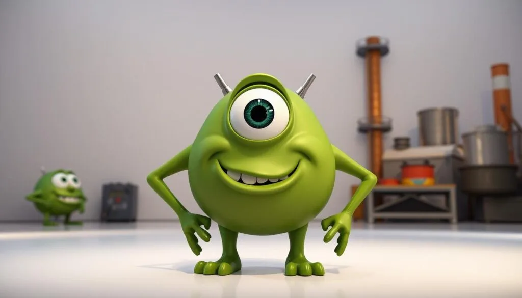 A highly detailed, photorealistic 3D render of Mike Wazowski, the beloved one-eyed monster from the Monsters Inc. universe. Mike is shown in the foreground, standing proudly in a well-lit studio setting with a soft, even lighting that highlights his distinctive green skin, single large eye, and toothy grin. The middle ground features a clean, minimalist backdrop, allowing Mike to be the central focus. In the background, subtle hints of the Monsters Inc. factory can be seen, with a sense of depth and scale that provides context for Mike's character. The overall mood is one of whimsy and familiarity, capturing the essence of this iconic Pixar character.