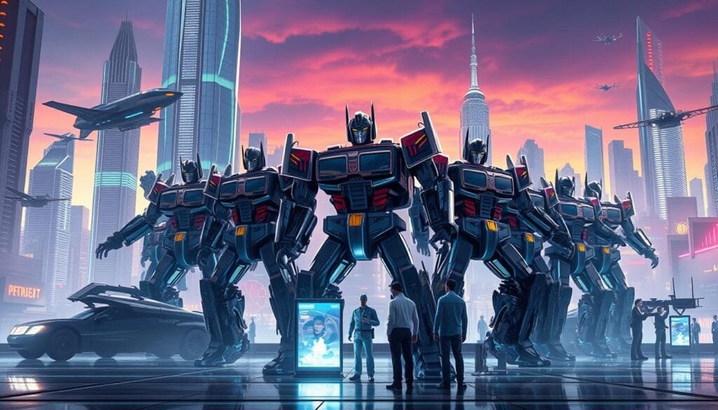 A highly detailed, photorealistic, digitally rendered illustration of "Prompts para Transformers con IA". Set in a futuristic, industrial cityscape with towering skyscrapers, hovering vehicles, and a vibrant, neon-tinged atmosphere. In the foreground, a group of sleek, angular transformers in various poses and stages of transformation, their metallic forms gleaming under dramatic, directional lighting. In the middle ground, a team of technicians and engineers in protective gear, examining holographic displays and control panels. In the background, a striking skyline with a vibrant, saturated color palette, suggesting a cutting-edge, technologically advanced setting. The overall scene conveys a sense of innovation, technology, and the intersection of artificial intelligence and the Transformer universe.