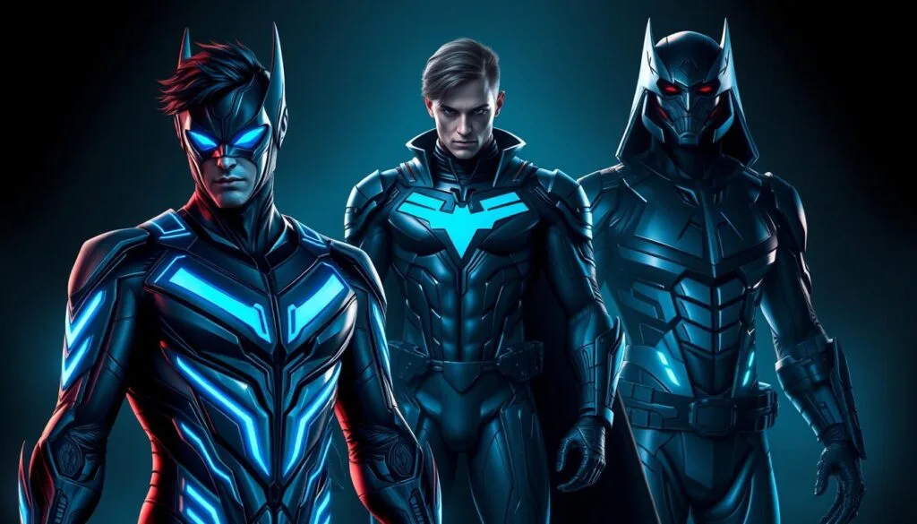 A highly detailed, photorealistic image of Nightwing in various alternative costumes and designs. The foreground features Nightwing in a futuristic, metallic bodysuit with glowing blue accents, sleek lines, and a high-tech visor. In the middle ground, there is Nightwing in a more classic, tactical costume with a stylized bird emblem on the chest, sharp gauntlets, and a flowing cape. The background showcases Nightwing in a dark, experimental suit with a high-collared, armored look, and a more angular, aggressive design. The lighting is dramatic, with a moody, neon-tinged atmosphere, creating an ominous and dynamic scene. The image has a cinematic, comic book-inspired aesthetic, showcasing the versatility and evolution of the Nightwing character.