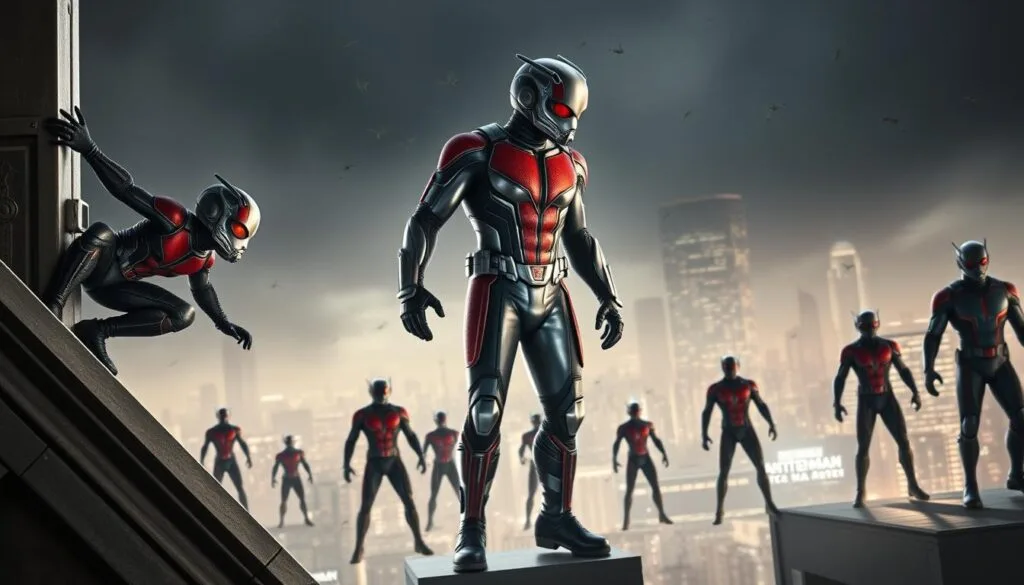 A highly detailed, photorealistic image of several alternative versions of the superhero Ant-Man, rendered in a cinematic, comic book-inspired style. In the foreground, a miniaturized Ant-Man in a vibrant red and black costume is seen scaling the edge of a metallic structure, conveying a sense of power and agility. In the middle ground, a larger-than-life Ant-Man in a sleek, silver-and-blue suit stands tall, surrounded by swarms of computer-generated ants. In the background, the silhouettes of several other Ant-Man variants, each with unique costume designs and abilities, are visible against a moody, high-contrast cityscape. The lighting is dramatic, with strong shadows and highlights accentuating the details and textures of the characters and environment. The overall atmosphere is one of wonder, adventure, and the exploration of the multiverse. A highly detailed, photorealistic image of several alternative versions of the superhero Ant-Man, rendered in a cinematic, comic book-inspired style. In the foreground, a miniaturized Ant-Man in a vibrant red and black costume is seen scaling the edge of a metallic structure, conveying a sense of power and agility. In the middle ground, a larger-than-life Ant-Man in a sleek, silver-and-blue suit stands tall, surrounded by swarms of computer-generated ants. In the background, the silhouettes of several other Ant-Man variants, each with unique costume designs and abilities, are visible against a moody, high-contrast cityscape. The lighting is dramatic, with strong shadows and highlights accentuating the details and textures of the characters and environment. The overall atmosphere is one of wonder, adventure, and the exploration of the multiverse.