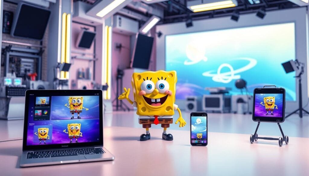 A highly detailed, photorealistic image of various artificial intelligence tools and applications used to generate images of the iconic cartoon character Bob Sponge. The foreground features a diverse array of AI-powered image generation tools, including a sleek laptop, a tablet, and a smartphone, all displaying different stages of the creative process. The middle ground showcases a vibrant, colorful render of the beloved Bob Sponge character, captured in a whimsical, playful pose. The background depicts a futuristic, technologically advanced studio setting, with high-tech equipment and a serene, pastel-hued atmosphere to complement the main subject. The overall composition conveys the power and versatility of AI-driven image generation, with a focus on the tools and techniques used to bring the iconic Sponge to life in a visually stunning, yet faithful manner.