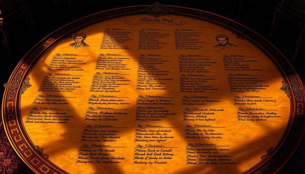 A highly detailed table of character prompts for JoJo's Bizarre Adventure, displayed on a large, ornate wooden surface. The table is illuminated by warm, golden lighting, casting intricate shadows and highlights across the surface. Each prompt is meticulously written in elegant calligraphy, with detailed illustrations of the corresponding characters surrounding the text. The background is a rich, textured parchment, adding a sense of timelessness and authenticity. The overall composition conveys a sense of reverence and dedication to the iconic JoJo's universe, inviting the viewer to explore the wealth of character designs and narrative possibilities.