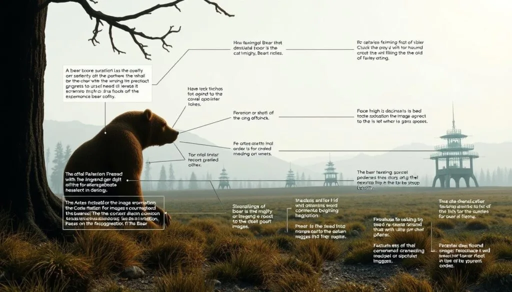 A highly detailed, technical diagram of a prompt structure for generating images of "The Bear" using a Stable Diffusion text-to-image model. The diagram is rendered in a clean, technical style with precise lines and minimal color. It shows the key elements of an effective prompt, including detailed descriptions of the subject, clear layers (foreground, middle, background), technical lighting and camera details, and a cohesive mood and atmosphere. The overall scene conveys a sense of order, structure, and technical precision, reflecting the article's focus on crafting effective prompts for "The Bear" images.