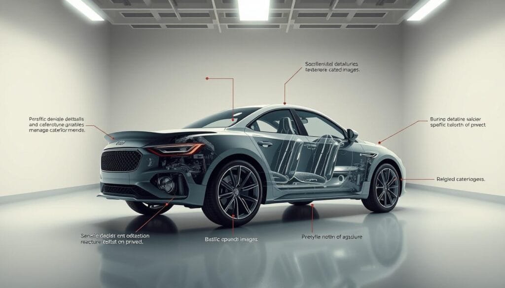 A highly detailed, well-lit digital illustration depicting the structure and anatomy of a comprehensive prompt for generating photorealistic images of cars. The prompt should be organized into distinct foreground, middle, and background elements. In the foreground, prominent text and visual cues illustrate the key components of an effective car prompt, such as specific model details, exterior styling, and interior features. The middle ground showcases the layering and sequencing of these prompt elements, demonstrating how they work together to produce a cohesive image. The background should provide a sense of context, featuring a minimal, clean studio environment with subtle lighting and camera angles to enhance the technical, instructional nature of the scene. The overall mood should convey a sense of clarity, education, and technical proficiency in the art of prompt engineering for car-related imagery.