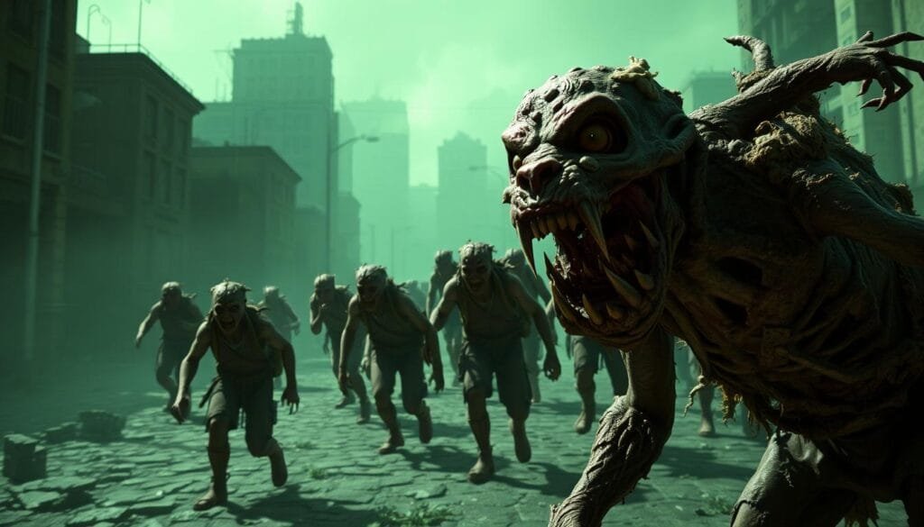 A horde of diseased, mutated "infectados" from the post-apocalyptic world of The Last of Us. In the foreground, a snarling, fungus-covered creature with elongated limbs and jagged teeth lunges forward. In the middle ground, several more of these shambling, inhuman figures emerge from the shadows, their glassy eyes and tattered clothes revealing the ravages of the Cordyceps infection. The background is a bleak, urban landscape shrouded in an eerie, greenish haze, hinting at the devastation that has overcome this once-thriving city. Harsh, dramatic lighting casts deep shadows, amplifying the sense of dread and danger. The overall mood is one of primal horror, as these terrifying "Clickers" close in, driven by an insatiable, feral hunger.