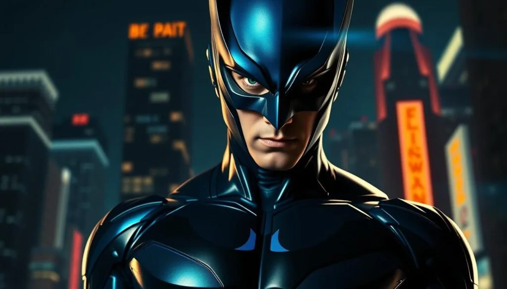 A hyper-detailed, cinematic close-up portrait of Nightwing, the heroic vigilante, in an intense action pose. He stands tall, muscles rippling, domino mask narrowed with fierce determination. Vibrant blue and black costume gleams under dramatic low-angle lighting, casting deep shadows that accentuate his chiseled features. The background is a dark, moody cityscape of Blüdhaven, skyscrapers and neon signs blurred into an abstract urban landscape. Lens flares and depth of field create a sense of high-octane cinematic spectacle, elevating the hero's dynamic physicality and unwavering resolve.