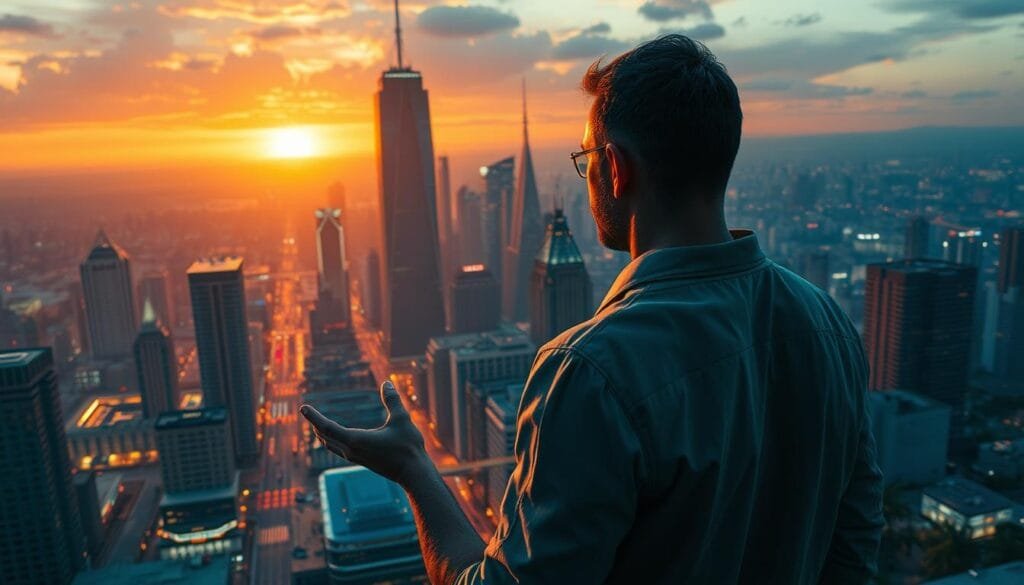 A hyper-realistic, cinematic scene depicting advanced techniques for crafting Grand Theft Auto prompts. In the foreground, a skilled prompt engineer stands before a towering city skyline, gesturing with hands that glow with an ethereal energy. The midground showcases a bustling metropolis, its towering skyscrapers and neon-soaked streets rendered in stunning detail. In the background, the horizon is painted with an awe-inspiring sunset, casting warm, golden light across the entire scene. The overall mood is one of technical mastery, creative inspiration, and the boundless potential of AI-powered image generation. Cinematic lighting, a slightly low camera angle, and a sense of dramatic scale work together to elevate this image into a striking visualization of advanced prompt techniques.