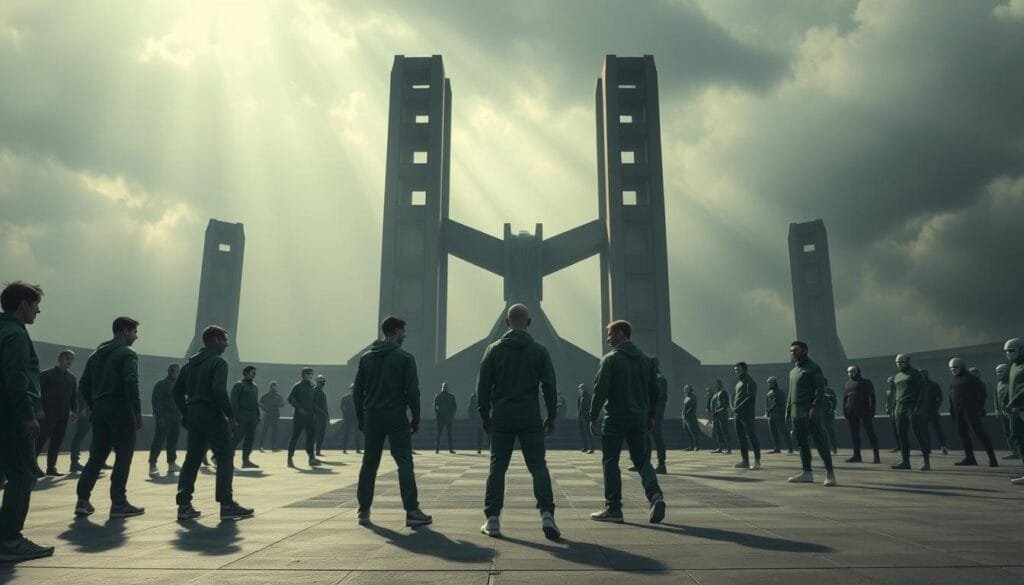 A hyper-realistic, cinematic scene depicting the iconic "Squid Game" from the popular Netflix series. In the foreground, players in the iconic green tracksuits engage in a tense standoff, their expressions conveying the high stakes of the game. The middle ground features the towering, geometric structures of the game arena, casting dramatic shadows under a moody, overcast sky. In the background, the ominous silhouettes of the masked game guards loom, creating a sense of unease and foreboding. The lighting is dramatic, with shafts of light piercing through the clouds, illuminating the players and the arena's architecture. The overall mood is one of heightened tension, danger, and the surreal, dystopian nature of the Squid Game universe.