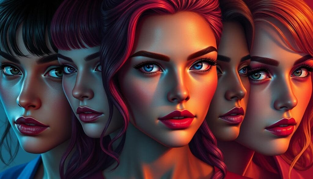 A hyper-realistic portrait gallery showcasing the diverse and captivating characters of Euphoria. Vibrant colors, dramatic lighting, and an alluring cinematic quality capture the essence of each individual. Rue's pensive gaze, Maddy's fierce confidence, Cassie's vulnerable beauty - each face exudes a unique personality, accentuated by intricate details in hair, makeup, and expressions. The composition is carefully balanced, drawing the viewer's eye to the central figures while hinting at the rich tapestry of the show's world. A sense of intimacy and emotional depth permeates the scene, inviting the audience to connect with these complex, multifaceted characters.