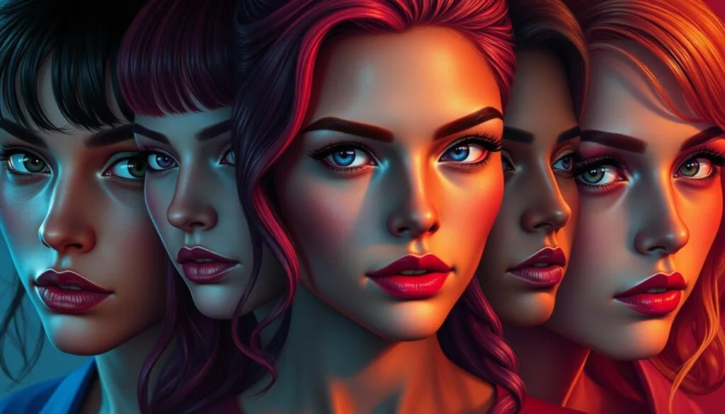 A hyper-realistic portrait gallery showcasing the diverse and captivating characters of Euphoria. Vibrant colors, dramatic lighting, and an alluring cinematic quality capture the essence of each individual. Rue's pensive gaze, Maddy's fierce confidence, Cassie's vulnerable beauty - each face exudes a unique personality, accentuated by intricate details in hair, makeup, and expressions. The composition is carefully balanced, drawing the viewer's eye to the central figures while hinting at the rich tapestry of the show's world. A sense of intimacy and emotional depth permeates the scene, inviting the audience to connect with these complex, multifaceted characters.