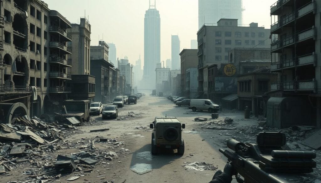 A large, detailed map of a legendary Call of Duty multiplayer battleground. Set in a gritty, war-torn urban environment, with crumbling buildings, shattered concrete, and abandoned vehicles lining the streets. The foreground is cluttered with debris and tactical gear, hinting at intense close-quarters combat. The middle ground features key objectives and control points, while the background showcases the ruined cityscape, with towering skyscrapers and a hazy, overcast sky. Realistic lighting and shadows create a moody, atmospheric scene, reflecting the high-stakes, high-intensity nature of these iconic multiplayer maps. Cinematic camera angles and a sense of scale convey the grandeur and immersive nature of the Call of Duty universe.