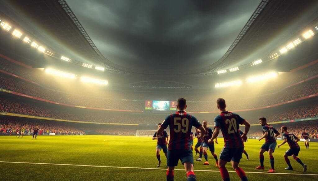 A large, detailed stadium looming in the background, its grand architecture and bright lights casting a dramatic atmosphere. In the foreground, a group of professional soccer players, their uniforms emblazoned with team logos, engaged in an intense match on a meticulously rendered pitch. The players' movements are captured with a cinematic wide-angle lens, highlighting the dynamism and tension of the gameplay. Soft, warm lighting bathes the scene, creating a sense of immersion and grandeur befitting the "Modo Carrera" experience within the FIFA game world. A large, detailed stadium looming in the background, its grand architecture and bright lights casting a dramatic atmosphere. In the foreground, a group of professional soccer players, their uniforms emblazoned with team logos, engaged in an intense match on a meticulously rendered pitch. The players' movements are captured with a cinematic wide-angle lens, highlighting the dynamism and tension of the gameplay. Soft, warm lighting bathes the scene, creating a sense of immersion and grandeur befitting the "Modo Carrera" experience within the FIFA game world.