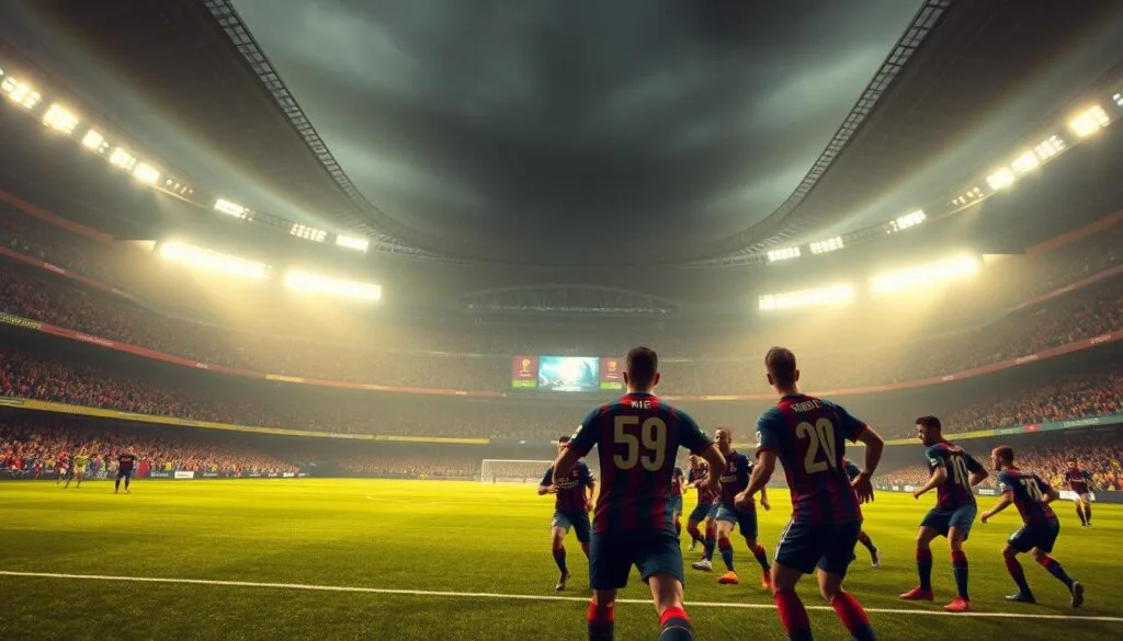 A large, detailed stadium looming in the background, its grand architecture and bright lights casting a dramatic atmosphere. In the foreground, a group of professional soccer players, their uniforms emblazoned with team logos, engaged in an intense match on a meticulously rendered pitch. The players' movements are captured with a cinematic wide-angle lens, highlighting the dynamism and tension of the gameplay. Soft, warm lighting bathes the scene, creating a sense of immersion and grandeur befitting the "Modo Carrera" experience within the FIFA game world.