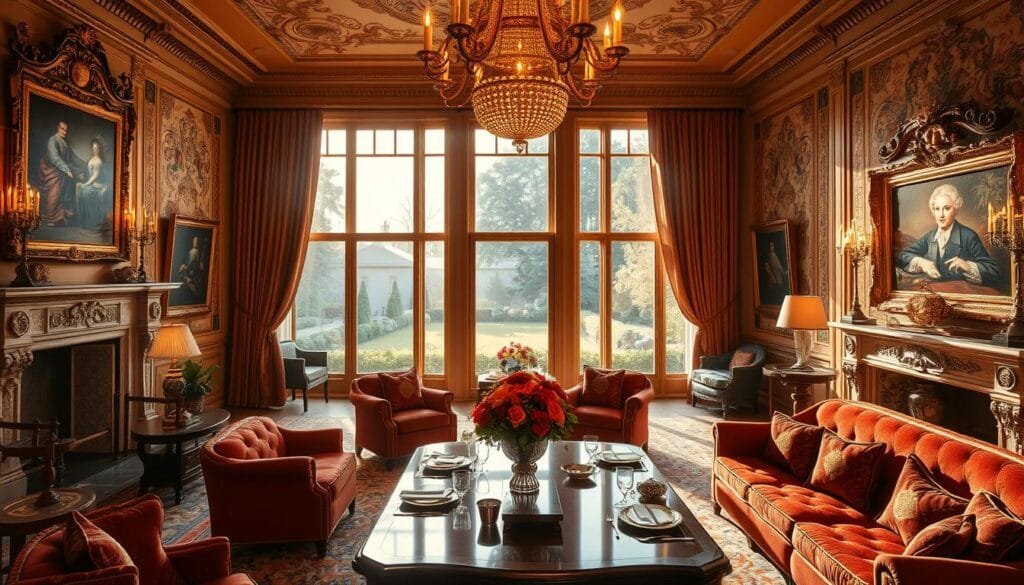 A lavish drawing room bathed in warm, golden light, ornate chandeliers casting a soft glow across the space. Plush velvet chairs and sofas in rich, jewel-toned hues, arranged around a grand fireplace with an intricate marble mantelpiece. The walls are adorned with intricate tapestries and oil paintings in ornate frames, hinting at the wealth and sophistication of the occupants. Tall windows overlooking a lush, manicured garden, the view framed by heavy, flowing curtains. A polished, mahogany table serves as the centerpiece, accompanied by delicate china and crystal glassware, suggesting an air of refined elegance. The overall atmosphere is one of opulence, comfort, and a sense of timeless luxury.
