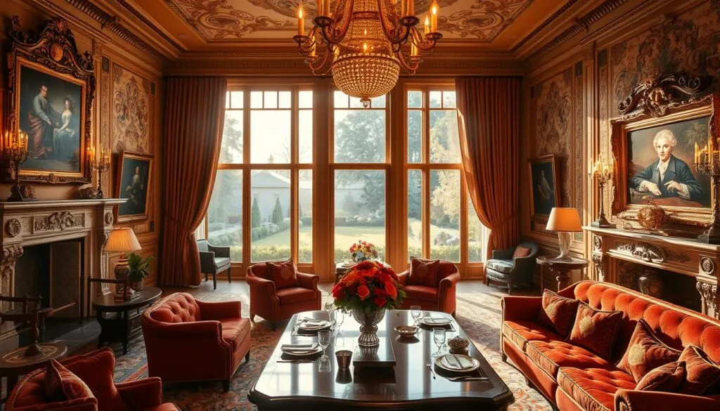A lavish drawing room bathed in warm, golden light, ornate chandeliers casting a soft glow across the space. Plush velvet chairs and sofas in rich, jewel-toned hues, arranged around a grand fireplace with an intricate marble mantelpiece. The walls are adorned with intricate tapestries and oil paintings in ornate frames, hinting at the wealth and sophistication of the occupants. Tall windows overlooking a lush, manicured garden, the view framed by heavy, flowing curtains. A polished, mahogany table serves as the centerpiece, accompanied by delicate china and crystal glassware, suggesting an air of refined elegance. The overall atmosphere is one of opulence, comfort, and a sense of timeless luxury. A lavish drawing room bathed in warm, golden light, ornate chandeliers casting a soft glow across the space. Plush velvet chairs and sofas in rich, jewel-toned hues, arranged around a grand fireplace with an intricate marble mantelpiece. The walls are adorned with intricate tapestries and oil paintings in ornate frames, hinting at the wealth and sophistication of the occupants. Tall windows overlooking a lush, manicured garden, the view framed by heavy, flowing curtains. A polished, mahogany table serves as the centerpiece, accompanied by delicate china and crystal glassware, suggesting an air of refined elegance. The overall atmosphere is one of opulence, comfort, and a sense of timeless luxury.