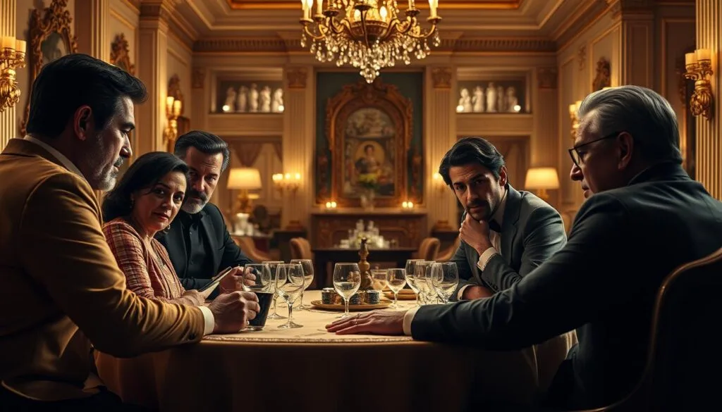 A lavish family gathering in the Succession universe, capturing the complex dynamics and tensions at play. In the foreground, a formal dining room with ornate furnishings and a grand table, where the Roy family sits together, locked in intense conversation. Midground, the room is bathed in warm, golden lighting, casting a sense of wealth and privilege. In the background, glimpses of a sprawling mansion with high ceilings and elegant decor, hinting at the family's immense power and influence. The faces of the Roys are etched with a mix of pride, resentment, and unease, reflecting the deep-seated rivalries and power struggles that define their relationships. The overall scene conveys a sense of both family unity and underlying discord, capturing the essence of the Succession narrative. A lavish family gathering in the Succession universe, capturing the complex dynamics and tensions at play. In the foreground, a formal dining room with ornate furnishings and a grand table, where the Roy family sits together, locked in intense conversation. Midground, the room is bathed in warm, golden lighting, casting a sense of wealth and privilege. In the background, glimpses of a sprawling mansion with high ceilings and elegant decor, hinting at the family's immense power and influence. The faces of the Roys are etched with a mix of pride, resentment, and unease, reflecting the deep-seated rivalries and power struggles that define their relationships. The overall scene conveys a sense of both family unity and underlying discord, capturing the essence of the Succession narrative.