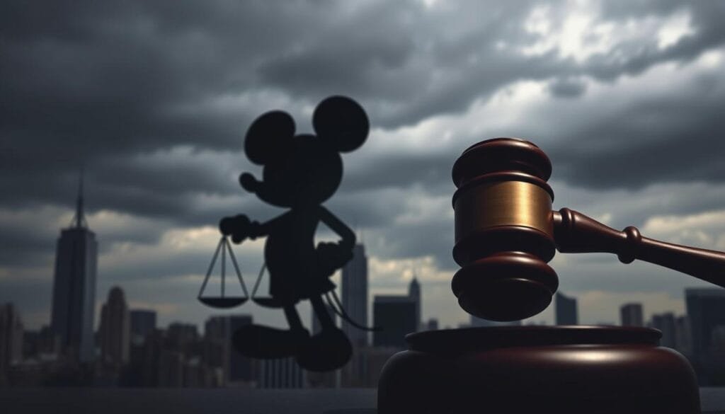 A legal document with a gavel and scales of justice floating in the foreground, partially obscuring a silhouetted figure of Mickey Mouse in the middle ground. The background features a cityscape with skyscrapers and a cloudy, moody sky. The lighting is dramatic, creating sharp contrasts and shadows, conveying a sense of seriousness and importance. The overall atmosphere is one of contemplation and caution, highlighting the need to consider the legal implications when creating AI-generated images of copyrighted characters. A legal document with a gavel and scales of justice floating in the foreground, partially obscuring a silhouetted figure of Mickey Mouse in the middle ground. The background features a cityscape with skyscrapers and a cloudy, moody sky. The lighting is dramatic, creating sharp contrasts and shadows, conveying a sense of seriousness and importance. The overall atmosphere is one of contemplation and caution, highlighting the need to consider the legal implications when creating AI-generated images of copyrighted characters.