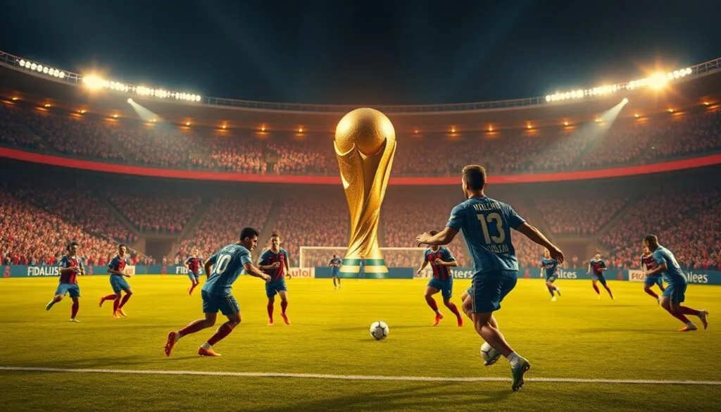 A lively and vibrant FIFA tournament scene, captured in a photorealistic style. In the foreground, a group of soccer players in full uniform energetically compete on a well-manicured field, with fans cheering from the stands in the middle ground. The background showcases the iconic FIFA World Cup trophy, illuminated by warm, golden lighting that creates a sense of grandeur and prestige. The atmosphere is electric, with dynamic camera angles and a sharp, cinematic depth of field that brings the action to life. The image exudes the thrill and excitement of a high-stakes FIFA tournament, encapsulating the spirit of international soccer competition.