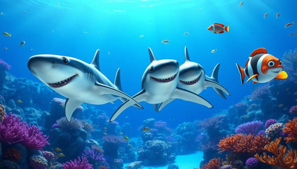 A lively and vibrant underwater scene, showcasing the iconic trio of sidekick sharks from the Pixar classic "Finding Nemo" - Tiburones Bruce, Anchor, and Chum. In the foreground, the three sharks swim gracefully, their sleek bodies gliding through the crystal-clear ocean waters illuminated by soft, diffuse lighting. Anchor, the hammerhead shark, leads the pack, his distinct head shape and piercing gaze commanding attention. Beside him, Bruce, the great white shark, exhibits a gentle demeanor, his eyes warm and friendly. Chum, the bullhead shark, swims alongside, his fins propelling him effortlessly. In the middle ground, vibrant coral reefs and schools of tropical fish create a lush, vibrant underwater landscape, while the distant background fades into the deep blue hues of the open ocean, conveying a sense of depth and tranquility. The overall scene exudes a playful, lighthearted mood, capturing the essence of the beloved Pixar characters in a realistic, yet whimsical, manner.