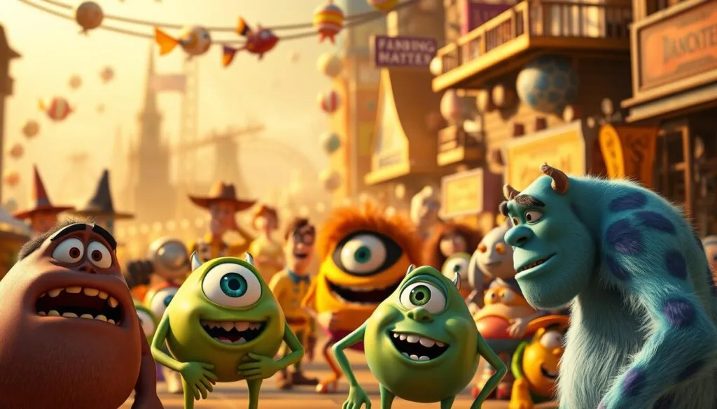 A lively crossover scene of characters from Monsters Inc., seamlessly blended with iconic elements from other beloved animated films. In the foreground, Sulley and Mike Wazowski interact with familiar faces like Randall Boggs, Boo, and Roz, all rendered in a vibrant, cinematic style. The middle ground showcases a dynamic, bustling backdrop, with hints of settings from films like Toy Story, Finding Nemo, and The Incredibles. Warm, diffused lighting casts a magical glow, while a subtle depth of field creates a sense of immersion. The overall composition captures the whimsical spirit of the Monsters Inc. universe, inviting the viewer to explore the unexpected and delightful crossover moments.