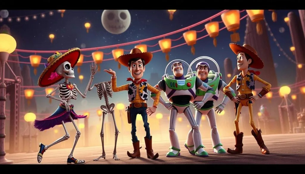 A lively crossover scene where characters from Pixar's Coco seamlessly blend with iconic figures from other beloved Pixar films. In the vibrant foreground, Miguel and Héctor from Coco engage in a spirited dance, their skeletal forms adorned with colorful Día de los Muertos-inspired adornments. In the middle ground, Woody and Buzz Lightyear from Toy Story join the celebration, their toy-like forms juxtaposed against the supernatural elements. In the atmospheric background, the fantastical world of Coco's Land of the Dead provides a stunning backdrop, with glowing bridges, floating lanterns, and a starry night sky. The overall scene captures the whimsical and enchanting crossover of these beloved Pixar characters, creating a visually striking and imaginative illustration.
