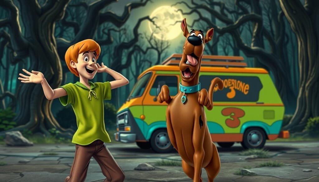 A lively scene of Scooby-Doo and Shaggy engaged in humorous hijinks, captured with a wide-angle lens and warm, nostalgic lighting. Shaggy, his lanky frame clad in his signature green shirt and brown flares, stands in the foreground, his hands raised in exaggerated surprise as Scooby-Doo, the loyal Great Dane, leaps up beside him, his tongue hanging out and his big brown eyes sparkling with mischief. In the middle ground, the iconic Mystery Machine van is parked, its vibrant colors and groovy 70s aesthetic adding to the playful atmosphere. The background features a spooky forest setting, with twisted, gnarled trees and a full moon casting an eerie glow, hinting at the adventures yet to unfold.