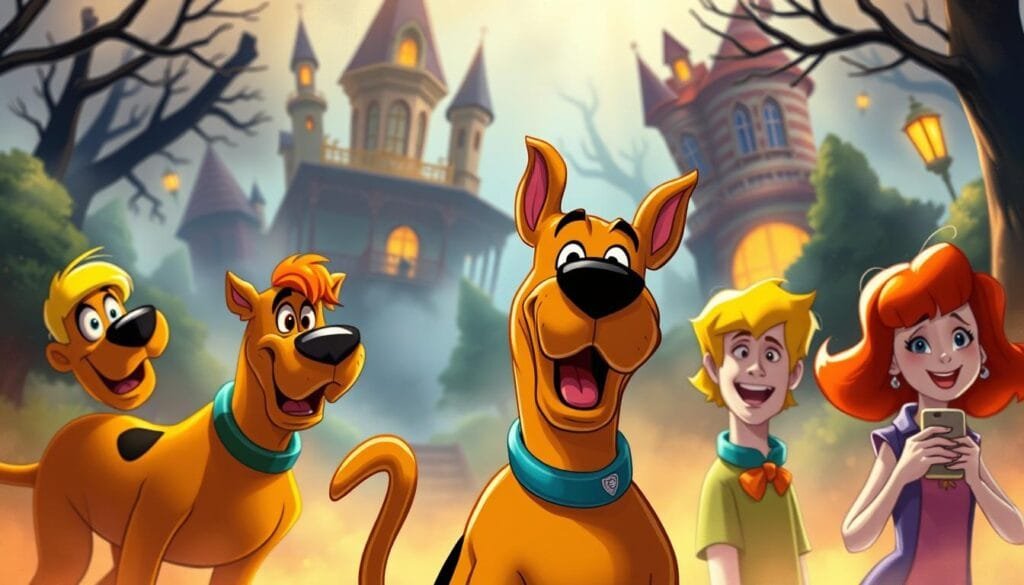 A lively, whimsical scene of the iconic Scooby-Doo characters rendered in a captivating, AI-generated art style. Vibrant, bold colors and dynamic, expressive brushstrokes bring the Mystery Inc. gang to life, with Scooby himself as the focal point, his playful, mischievous expression perfectly captured. The background features a stylized, dreamlike interpretation of the haunted mansions, foggy forests, and other supernatural settings the team investigates, creating an immersive, imaginative world. Lighting is warm and atmospheric, with a soft, hazy glow that imbues the image with a sense of mystery and wonder. The overall aesthetic blends classic cartoon aesthetics with the unique, innovative capabilities of AI-powered art generation.