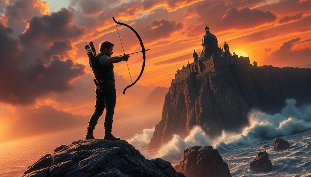 A lone archer, Hawkeye, stands tall on a rugged mountain peak, his bow drawn taut as he surveys the epic landscape before him. Dramatic lighting filters through swirling clouds, casting dramatic shadows across his determined features. In the distance, a majestic ancient citadel clings to the cliffside, its spires and domes silhouetted against the fiery sunset sky. Below, a vast, turbulent ocean crashes against the rocky shore, its foaming waves reaching up towards the solitary figure above. Hawkeye, focused and unwavering, is poised to unleash a decisive arrow, ready to defend this awe-inspiring realm from any threat that dares to challenge its grandeur.