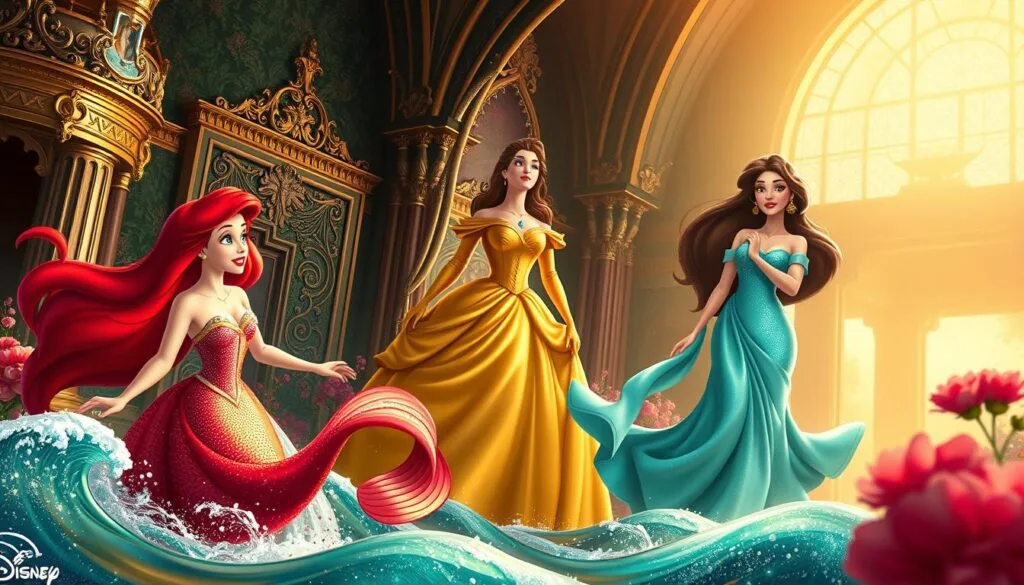 A lush Renaissance-inspired scene, featuring the iconic Disney Princesses Ariel, Belle, and Jasmine. In the foreground, Ariel's flowing red hair and iridescent mermaid tail gracefully dance amidst shimmering waves, while Belle stands tall in a golden ballgown, her expression serene. Jasmine, draped in shimmering turquoise silks, gazes upwards with a sense of wonder. The middle ground is filled with ornate, gilded architectural details, reminiscent of grand European palaces. In the background, a warm, golden light bathes the scene, creating a dreamlike, enchanted atmosphere. The composition is balanced and harmonious, capturing the timeless elegance and whimsy of these beloved Disney Princesses.