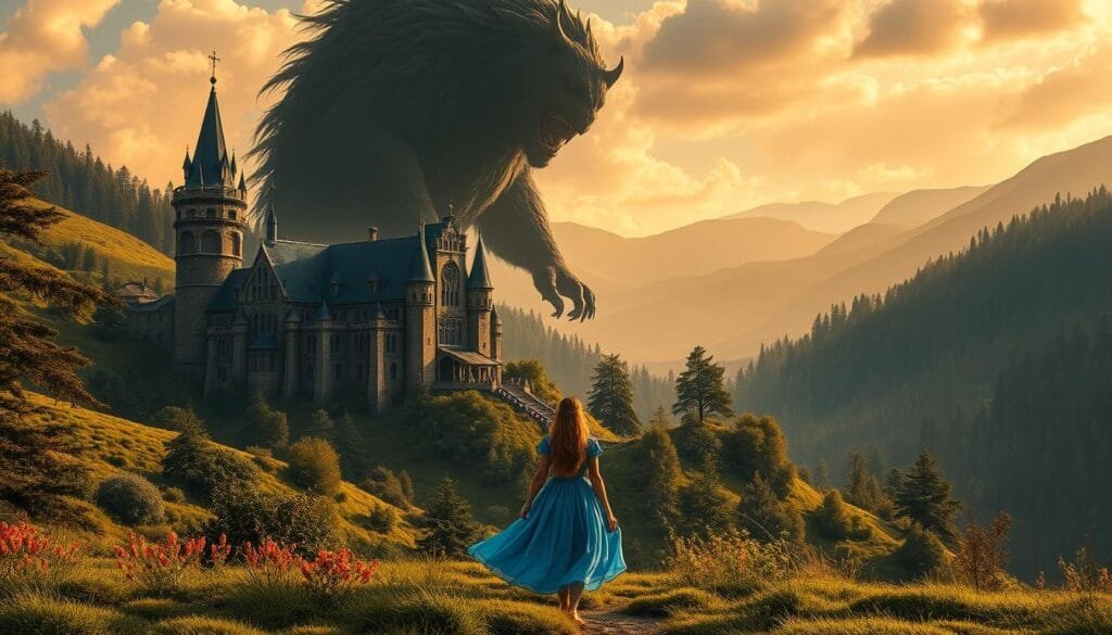 A lush, fairytale landscape with a majestic castle nestled between rolling hills and a dense, enchanted forest. In the foreground, a young woman in a flowing blue dress stands in awe, gazing up at a towering, beastly figure shrouded in shadows. Warm, golden light filters through the scene, casting a dreamlike, magical atmosphere. The camera angles capture the grandeur and scale of the setting, emphasizing the contrast between the beauty and the beast. Detailed textures, intricate architectural elements, and a sense of depth and dimension create a visually captivating image that evokes the classic, timeless story.
