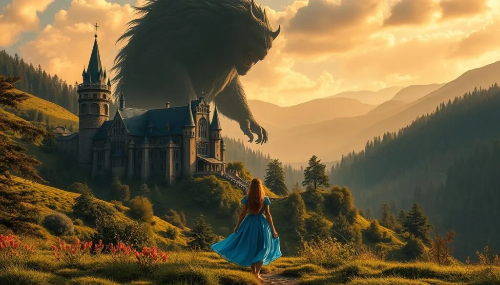 A lush, fairytale landscape with a majestic castle nestled between rolling hills and a dense, enchanted forest. In the foreground, a young woman in a flowing blue dress stands in awe, gazing up at a towering, beastly figure shrouded in shadows. Warm, golden light filters through the scene, casting a dreamlike, magical atmosphere. The camera angles capture the grandeur and scale of the setting, emphasizing the contrast between the beauty and the beast. Detailed textures, intricate architectural elements, and a sense of depth and dimension create a visually captivating image that evokes the classic, timeless story. A lush, fairytale landscape with a majestic castle nestled between rolling hills and a dense, enchanted forest. In the foreground, a young woman in a flowing blue dress stands in awe, gazing up at a towering, beastly figure shrouded in shadows. Warm, golden light filters through the scene, casting a dreamlike, magical atmosphere. The camera angles capture the grandeur and scale of the setting, emphasizing the contrast between the beauty and the beast. Detailed textures, intricate architectural elements, and a sense of depth and dimension create a visually captivating image that evokes the classic, timeless story.