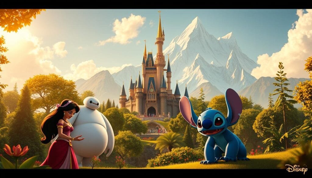 A lush, fantastical Disney crossover landscape. In the foreground, iconic Disney characters from different franchises - Princess Jasmine from Aladdin, Baymax from Big Hero 6, and Stitch from Lilo & Stitch - interact in an enchanted forest setting. The middle ground features a towering, ornate castle, its spires and turrets reaching towards a golden, sun-dappled sky. In the background, a majestic, snow-capped mountain range rises, its peaks touched by wispy clouds. Soft, warm lighting bathes the scene, creating a sense of wonder and magic. The composition is balanced and harmonious, inviting the viewer to explore this unexpected, delightful Disney mashup.