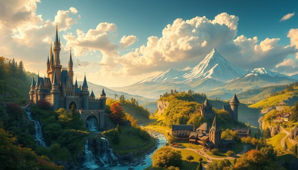 A lush, fantastical Disney-inspired landscape, bathed in warm, golden light. In the foreground, a sprawling, whimsical castle with towering spires and intricate architecture, set against a backdrop of rolling hills and lush, vibrant forests. Cascading waterfalls and glistening streams weave through the landscape, lending a sense of enchantment and tranquility. The middle ground is dotted with charming villages, with quaint cottages and bustling marketplaces. In the distance, majestic snow-capped mountains rise, their peaks piercing the fluffy, cloud-filled sky. An overall mood of wonder, magic, and timeless fairy-tale splendor pervades the scene.