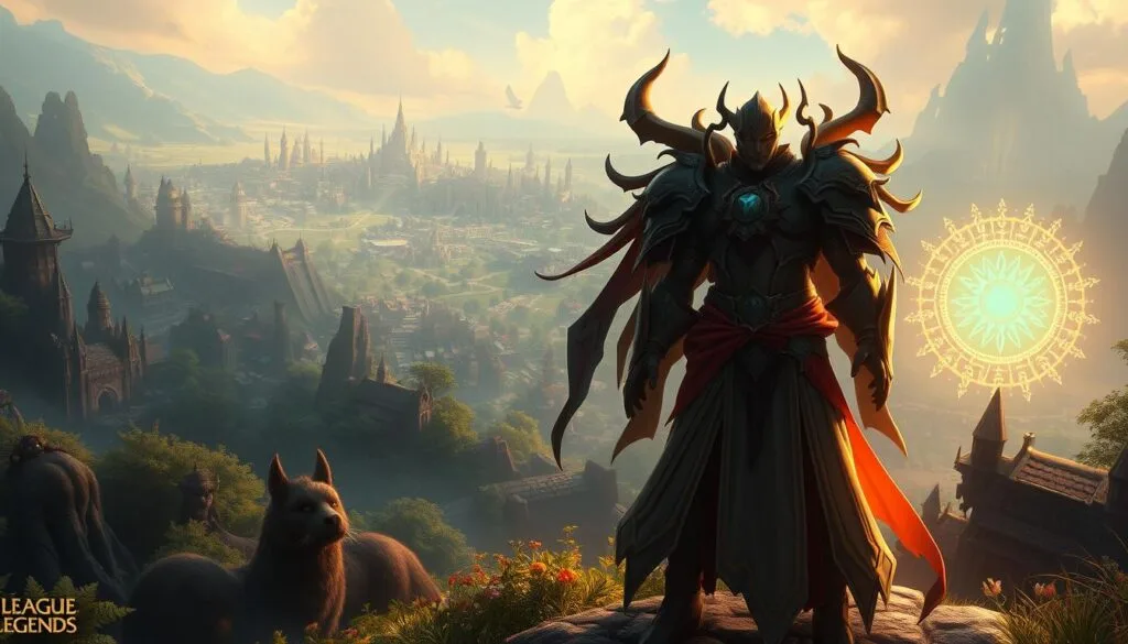 A lush, fantastical League of Legends landscape, bathed in a soft, ethereal glow. In the foreground, a majestic, AI-generated character stands tall, their intricate armor and flowing robes capturing the essence of the game's iconic champions. The middle ground features a sprawling cityscape, with towering spires and whimsical architecture inspired by the game's diverse realms. In the distance, a glowing, mystical portal pulses with energy, hinting at the boundless possibilities of AI-driven fan art. The overall atmosphere is one of wonder, creativity, and a reverence for the beloved gaming universe. The lighting is warm and atmospheric, with subtle highlights and shadows that lend depth and dimension to the scene.