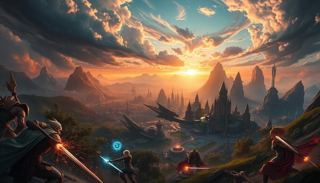 A lush, fantastical landscape inspired by the iconic world of League of Legends, rendered with the breathtaking precision of AI-powered art. In the foreground, champions clash in an epic battle, their movements frozen in time, the clash of steel and the crackle of magical energy filling the air. The middle ground features a sprawling, technologically advanced city, its gleaming spires and futuristic architecture a testament to the game's rich, imaginative design. In the background, a stunning vista of towering mountains and swirling skies, painted in vibrant hues and infused with a sense of raw, unbridled power. Dramatic lighting casts dramatic shadows, imbuing the scene with a sense of drama and grandeur. Cinematic in its execution, this AI-generated artwork captures the essence of League of Legends, blending the game's iconic aesthetic with the limitless possibilities of modern image creation.