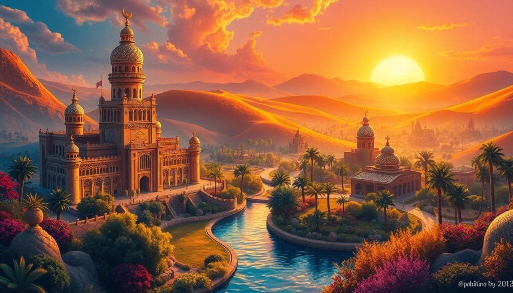 A lush, fantastical landscape inspired by the vibrant, ornate artistic styles of Aladdin's enchanting world. In the foreground, a towering palace with intricate domed roofs and arched windows, bathed in warm, golden light. Meandering through the scene, a winding river reflects the vibrant hues of the surrounding architecture and foliage. In the distance, rolling hills dotted with palm trees and mosaic-tiled structures stretch towards a radiant, sunset-painted sky. The overall composition evokes a sense of magic, wonder, and the rich cultural heritage of the Middle East, captured through a dreamlike, impressionistic lens.