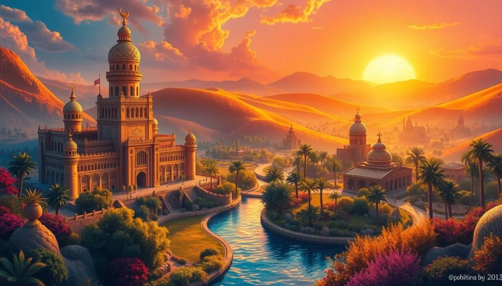 A lush, fantastical landscape inspired by the vibrant, ornate artistic styles of Aladdin's enchanting world. In the foreground, a towering palace with intricate domed roofs and arched windows, bathed in warm, golden light. Meandering through the scene, a winding river reflects the vibrant hues of the surrounding architecture and foliage. In the distance, rolling hills dotted with palm trees and mosaic-tiled structures stretch towards a radiant, sunset-painted sky. The overall composition evokes a sense of magic, wonder, and the rich cultural heritage of the Middle East, captured through a dreamlike, impressionistic lens. A lush, fantastical landscape inspired by the vibrant, ornate artistic styles of Aladdin's enchanting world. In the foreground, a towering palace with intricate domed roofs and arched windows, bathed in warm, golden light. Meandering through the scene, a winding river reflects the vibrant hues of the surrounding architecture and foliage. In the distance, rolling hills dotted with palm trees and mosaic-tiled structures stretch towards a radiant, sunset-painted sky. The overall composition evokes a sense of magic, wonder, and the rich cultural heritage of the Middle East, captured through a dreamlike, impressionistic lens.