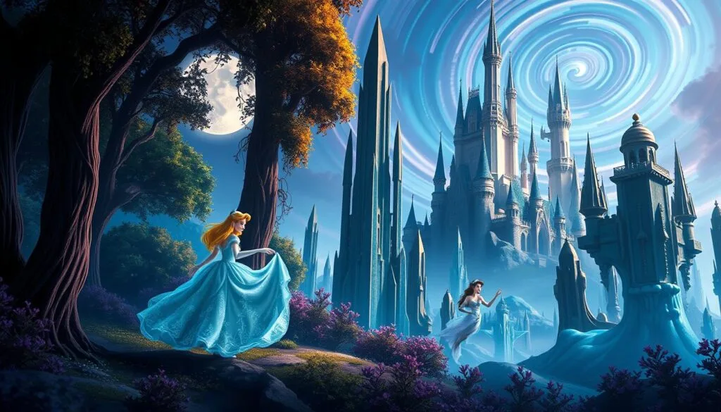 A lush, fantastical scene of alternative Disney universes, where classic princesses inhabit stunningly reimagined realms. In the foreground, Aurora dances through a moonlit forest, her gown shimmering with otherworldly light. In the middle ground, Ariel swims among towering, crystalline structures in an alien ocean. In the background, Cinderella's castle stands tall, its gothic silhouette framed by a swirling, psychedelic sky. The scene is bathed in a warm, dreamlike glow, with soft, cinematic lighting illuminating the characters and their extraordinary environments. The overall mood is one of wonder, imagination, and the boundless possibilities of alternate Disney realities. A lush, fantastical scene of alternative Disney universes, where classic princesses inhabit stunningly reimagined realms. In the foreground, Aurora dances through a moonlit forest, her gown shimmering with otherworldly light. In the middle ground, Ariel swims among towering, crystalline structures in an alien ocean. In the background, Cinderella's castle stands tall, its gothic silhouette framed by a swirling, psychedelic sky. The scene is bathed in a warm, dreamlike glow, with soft, cinematic lighting illuminating the characters and their extraordinary environments. The overall mood is one of wonder, imagination, and the boundless possibilities of alternate Disney realities.