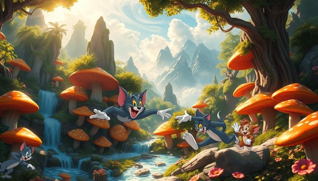 A lush fantasy landscape, with Tom and Jerry frolicking amidst towering mushrooms, gnarled trees, and shimmering waterfalls. The duo engage in their signature slapstick antics, chasing each other through a vibrant, dreamlike setting. Dappled sunlight filters through the canopy, casting a warm, magical glow over the scene. In the background, towering mountains and swirling clouds create a sense of boundless wonder. The composition is dynamic, with the characters and their environment in perfect harmony, capturing the mischievous spirit of the iconic cartoon duo in a truly fantastical realm.