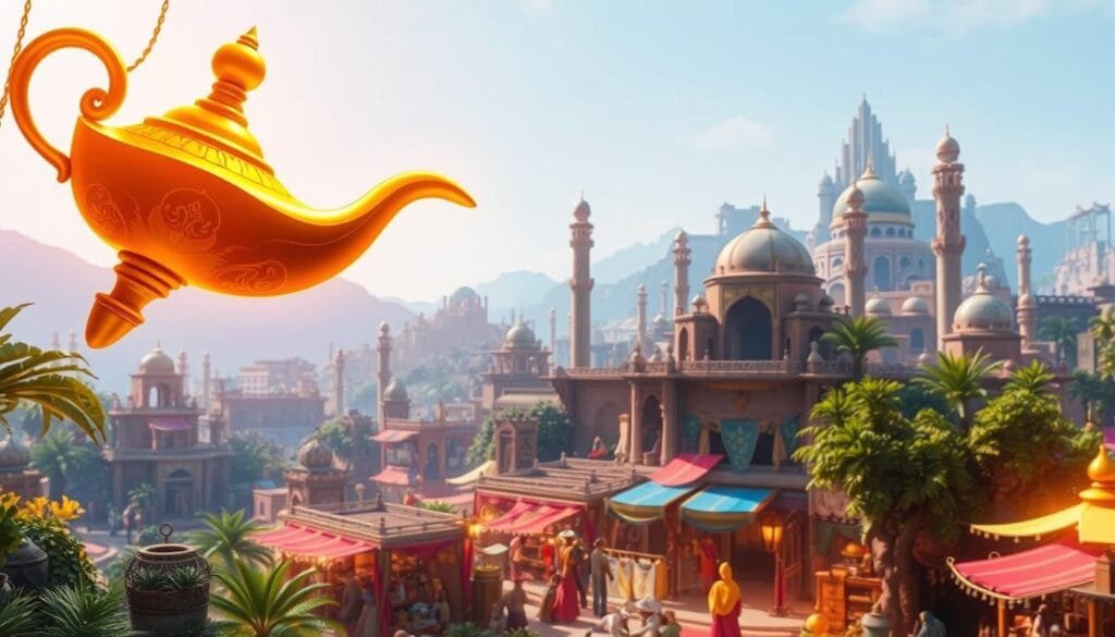 A lush, mystical landscape inspired by the enchanting world of Aladdin, rendered with the artistry of artificial intelligence. In the foreground, a majestic genie's lamp hovers, emitting a warm, golden glow that bathes the scene in a magical light. In the middle ground, a bustling marketplace comes to life, with intricate architectural details and vibrant, colorful fabrics and wares. In the background, the iconic Agrabah skyline rises, complete with towering minarets and a clear, azure sky. The overall composition evokes a sense of wonder and adventure, seamlessly blending the timeless charm of the Aladdin story with the boundless possibilities of AI-generated imagery.