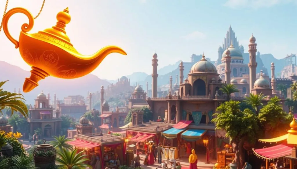 A lush, mystical landscape inspired by the enchanting world of Aladdin, rendered with the artistry of artificial intelligence. In the foreground, a majestic genie's lamp hovers, emitting a warm, golden glow that bathes the scene in a magical light. In the middle ground, a bustling marketplace comes to life, with intricate architectural details and vibrant, colorful fabrics and wares. In the background, the iconic Agrabah skyline rises, complete with towering minarets and a clear, azure sky. The overall composition evokes a sense of wonder and adventure, seamlessly blending the timeless charm of the Aladdin story with the boundless possibilities of AI-generated imagery. A lush, mystical landscape inspired by the enchanting world of Aladdin, rendered with the artistry of artificial intelligence. In the foreground, a majestic genie's lamp hovers, emitting a warm, golden glow that bathes the scene in a magical light. In the middle ground, a bustling marketplace comes to life, with intricate architectural details and vibrant, colorful fabrics and wares. In the background, the iconic Agrabah skyline rises, complete with towering minarets and a clear, azure sky. The overall composition evokes a sense of wonder and adventure, seamlessly blending the timeless charm of the Aladdin story with the boundless possibilities of AI-generated imagery.