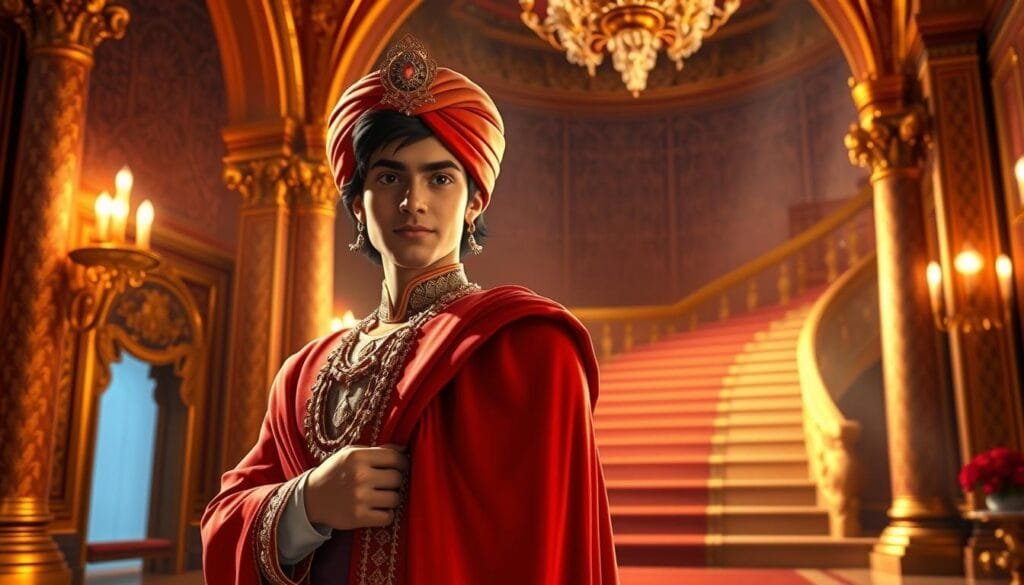 A lush, opulent palace scene with Aladdin dressed as Prince Ali, the persona he adopts to impress Jasmine. Aladdin stands tall and proud, adorned in a flowing crimson cape, gold-embroidered turban, and shimmering jewelry. His expression is one of confidence and charm, drawing the viewer in. The palace interior is ornate, with intricate tile patterns, gilded columns, and a sweeping staircase in the background. Warm, radiant lighting casts a romantic glow, creating an atmospheric and enchanting atmosphere befitting the character's transformed identity.