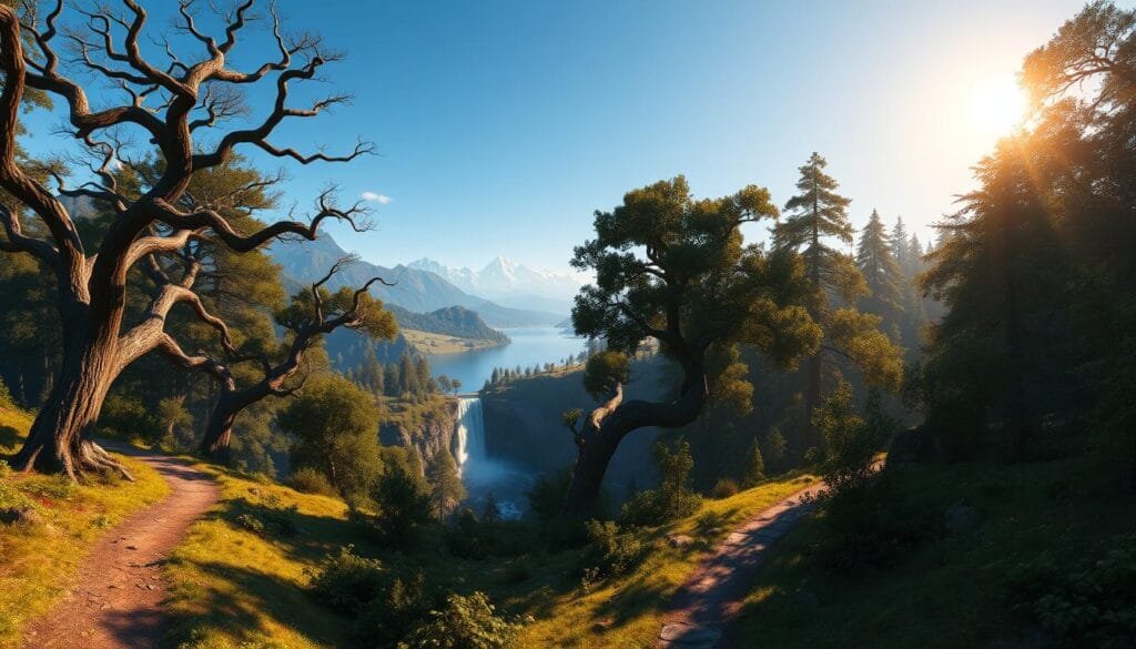 A lush, panoramic landscape of The Witcher's fantastical realm. In the foreground, a winding forest path leads through a glade of towering, ancient trees, their twisted branches reaching towards a brilliant azure sky. Cascading waterfalls glisten in the middle ground, their waters feeding a serene, mirror-like lake. Distant mountains, their peaks capped with pristine snow, rise majestically on the horizon, bathed in warm, golden sunlight. An atmosphere of enchantment and tranquility pervades the scene, evoking the wonder and mystery of The Witcher's immersive world. Shot with a wide-angle lens to capture the grandeur of the vista, the image radiates a sense of awe and discovery.