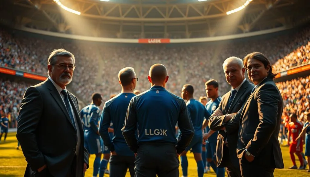 A lush, sun-dappled stadium filled with passionate soccer fans. In the foreground, a group of distinguished coaches and mentors stand confidently, dressed in sharp suits and tactical gear. Their faces are stoic, radiating an aura of intensity and strategic brilliance. In the middle ground, players in vibrant Blue Lock uniforms gather around, attentively listening to the mentors' instructions. The background is a blur of motion, with the stadium's grand architecture and the energy of the crowd creating a dynamic, immersive atmosphere. Warm, golden lighting casts a dreamlike glow over the scene, capturing the high-stakes, high-intensity world of Blue Lock.