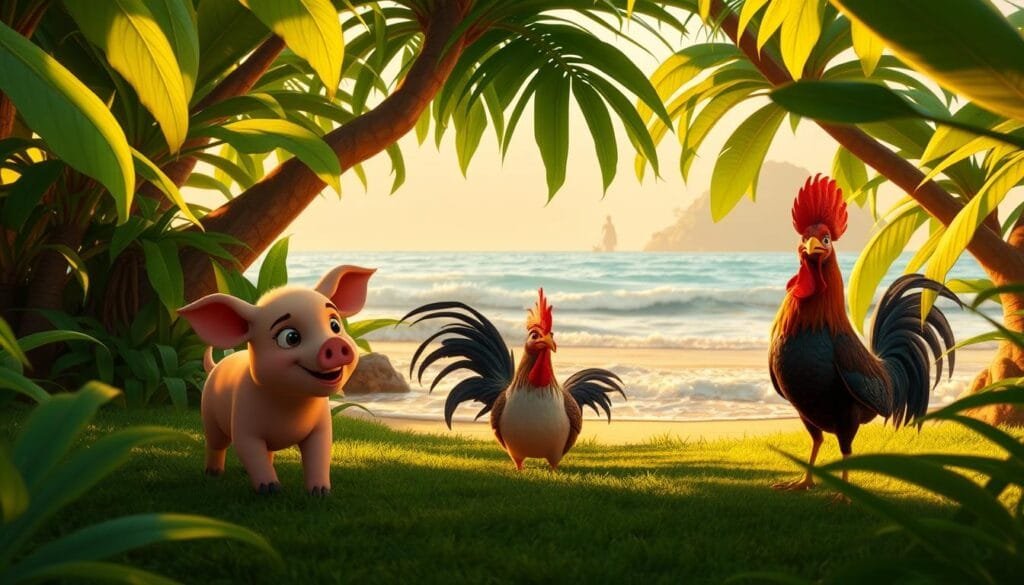 A lush tropical island setting, with vibrant greens and vibrant hues. In the foreground, Moana's loyal animal companions - Pua the pig and Heihei the rooster - playfully interact, their expressive features and playful poses capturing their endearing personalities. In the middle ground, the ocean waves gently lap at the sandy shore, with the silhouettes of Moana's grandmother and the ocean deity Te Fiti visible in the distance. The lighting is warm and natural, casting a golden glow over the scene, with soft shadows and highlights accentuating the textural details of the environment. The overall mood is one of harmony, wonder, and the timeless connection between Moana and the natural world she is a part of. A lush tropical island setting, with vibrant greens and vibrant hues. In the foreground, Moana's loyal animal companions - Pua the pig and Heihei the rooster - playfully interact, their expressive features and playful poses capturing their endearing personalities. In the middle ground, the ocean waves gently lap at the sandy shore, with the silhouettes of Moana's grandmother and the ocean deity Te Fiti visible in the distance. The lighting is warm and natural, casting a golden glow over the scene, with soft shadows and highlights accentuating the textural details of the environment. The overall mood is one of harmony, wonder, and the timeless connection between Moana and the natural world she is a part of.
