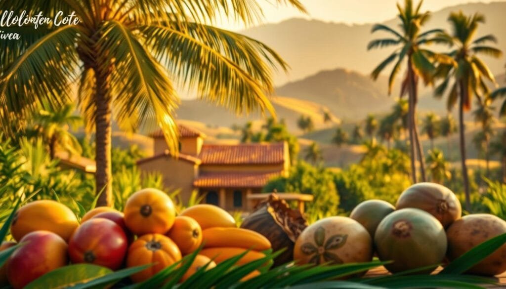 A lush, tropical landscape featuring the essential elements for crafting effective Coco-themed prompts. In the foreground, a vibrant array of colorful fruit - mangoes, papayas, and coconuts - arranged artfully. Behind them, a towering palm tree casts dappled shadows across the scene. In the middle ground, a traditional Mexican-style adobe building, its terracotta roof tiles gleaming in the warm afternoon sun. In the distance, rolling hills dotted with more palm trees, creating a sense of depth and tranquility. The lighting is soft and diffused, evoking a golden hour ambiance. The overall mood is one of rich, cultural inspiration - the perfect setting to contemplate the key elements of crafting effective Coco-themed prompts.